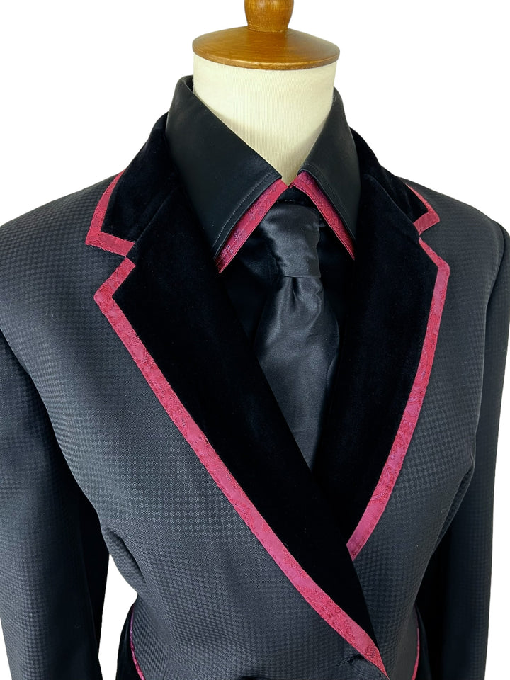 Black Showmanship Suit (Size 8) with Fuchsia Accents + Matching Shirt (Size 38) & Tie