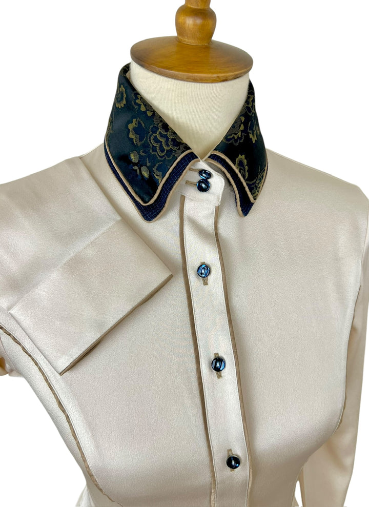 Cream Satin & Blue Floral Western Shirt (Size 34)