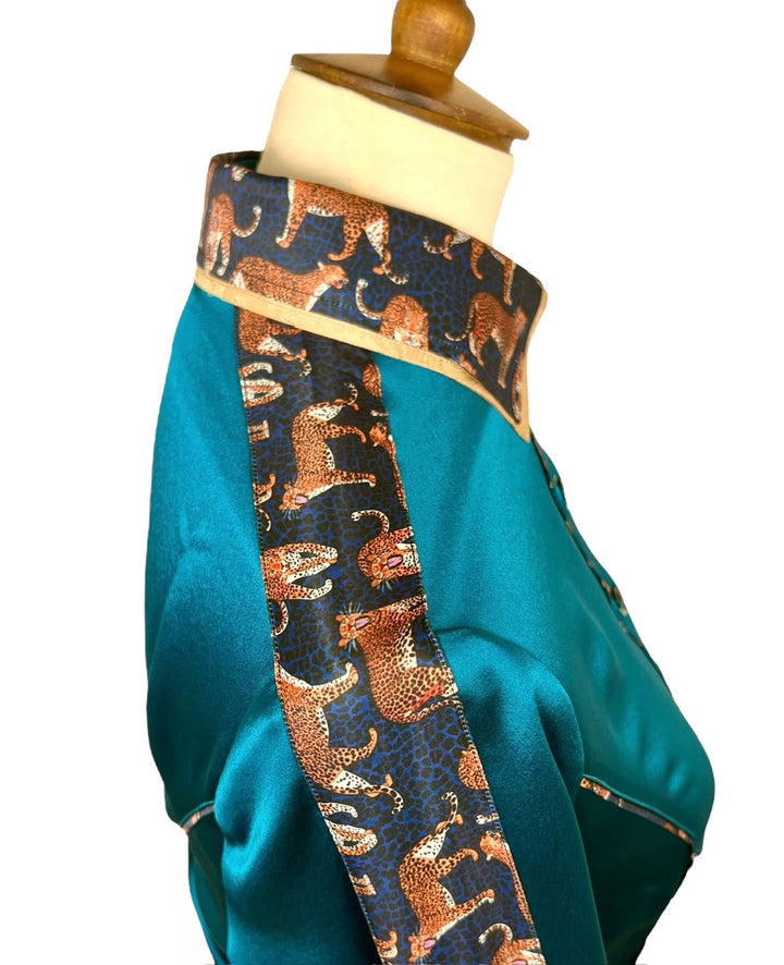 Teal Silk & Jaguars Western Shirt (Size 38)