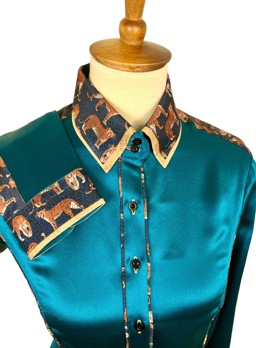 Teal Silk & Jaguars Western Shirt (Size 38)