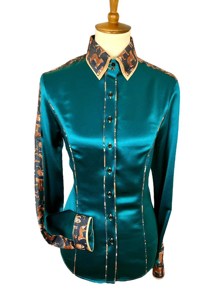 Teal Silk & Jaguars Western Shirt (Size 38)