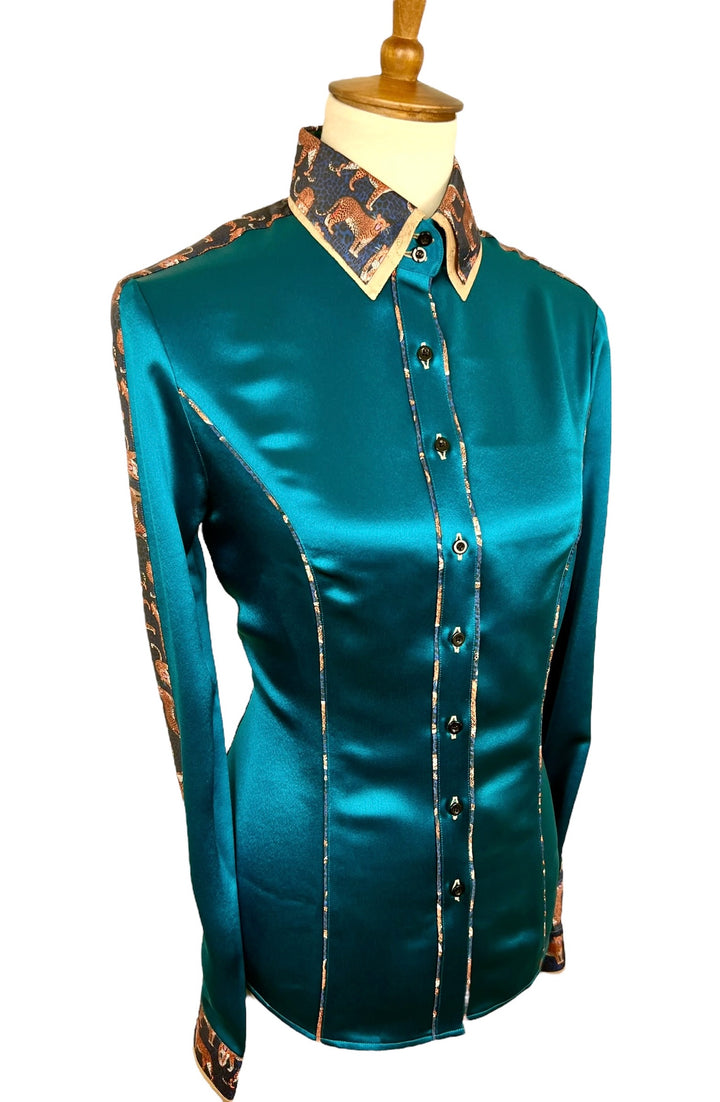 Teal Silk & Jaguars Western Shirt (Size 38)