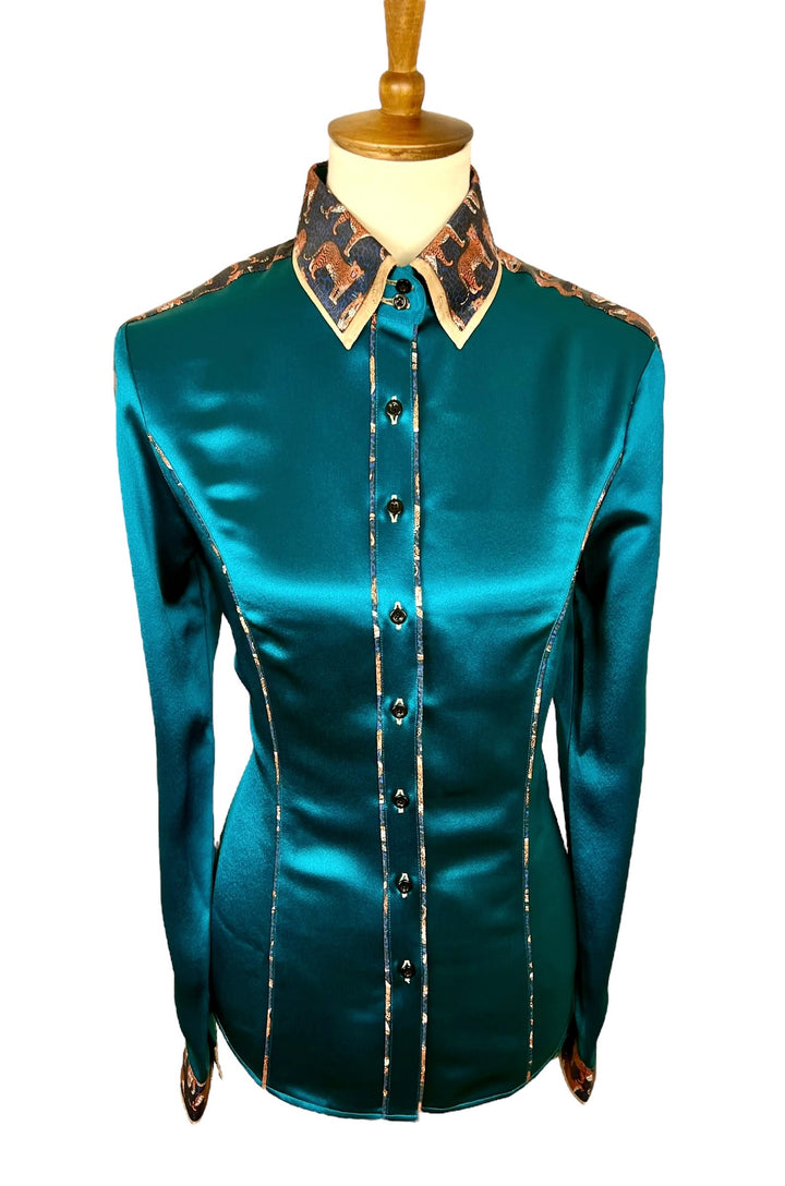 Teal Silk & Jaguars Western Shirt (Size 38)