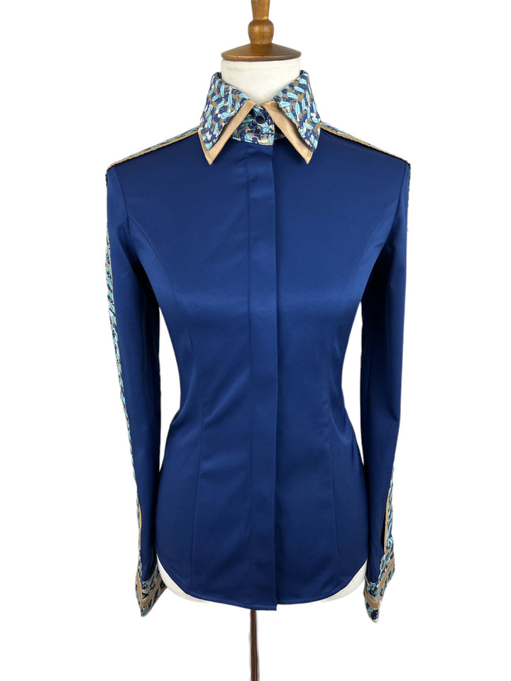 Royal Blue Western Shirt with Turquoise & Gold Accents (Size 34)